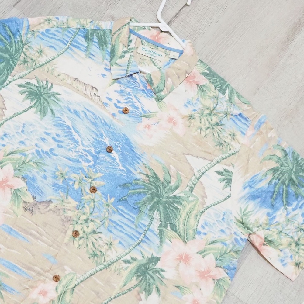 Caribbean Silk Blend Mens Hawaiian Shirt XL Tropical Palm Tree Hibiscus Blue